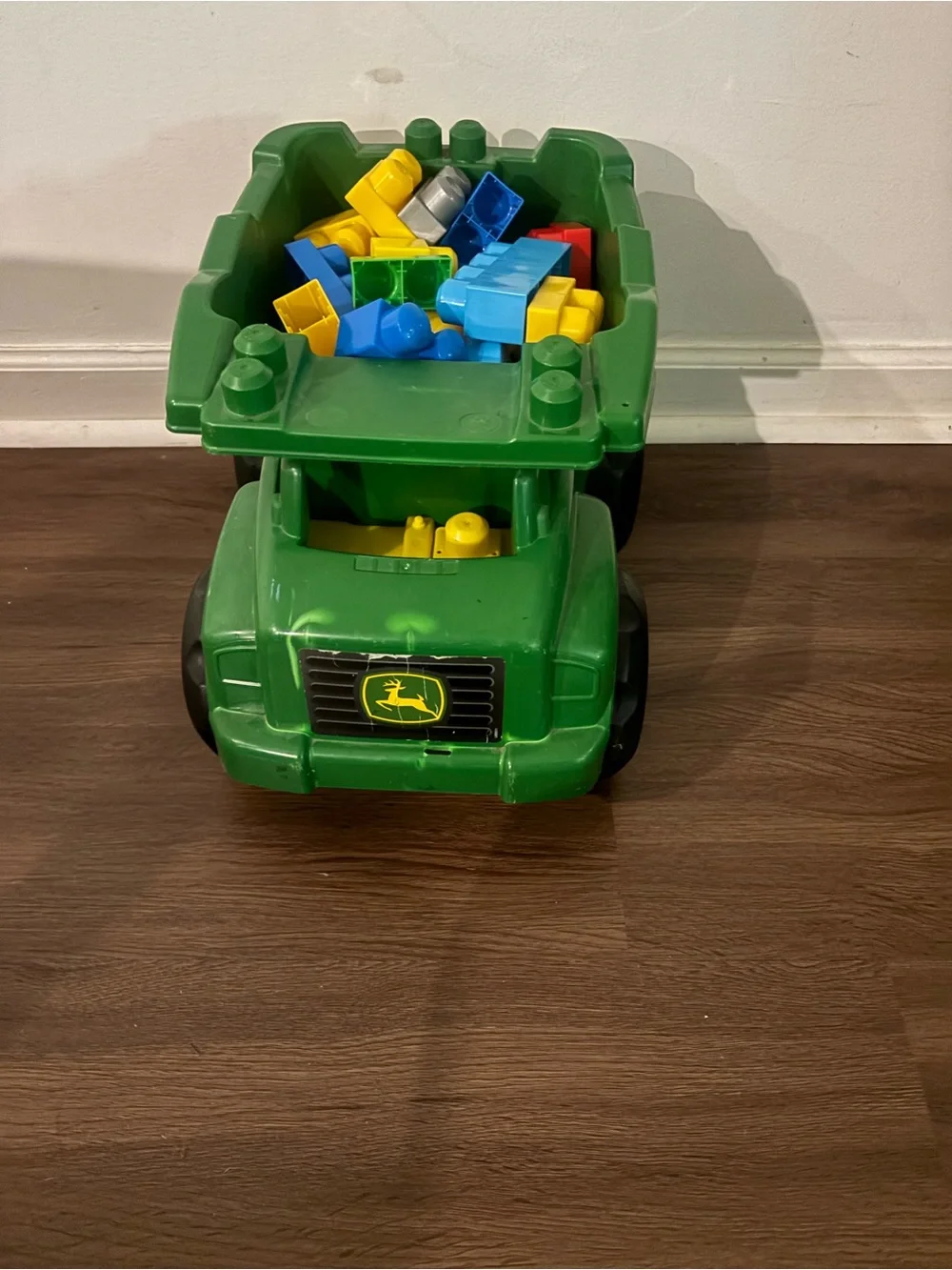 John Deere Green Dump Truck Toy with Blue, Yellow, Red Blocks